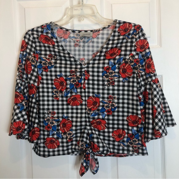 Passport  Black and White Checkered Top with Red Flowers Size S - Picture 1 of 7